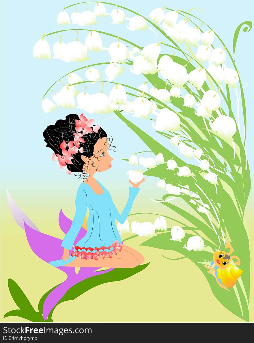 Thumbelina sitting on a leaf and crush the flowers