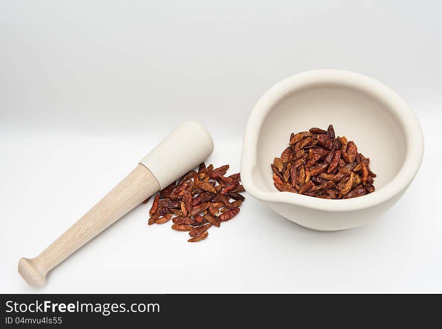 White Mortar and Pestle with Chillis