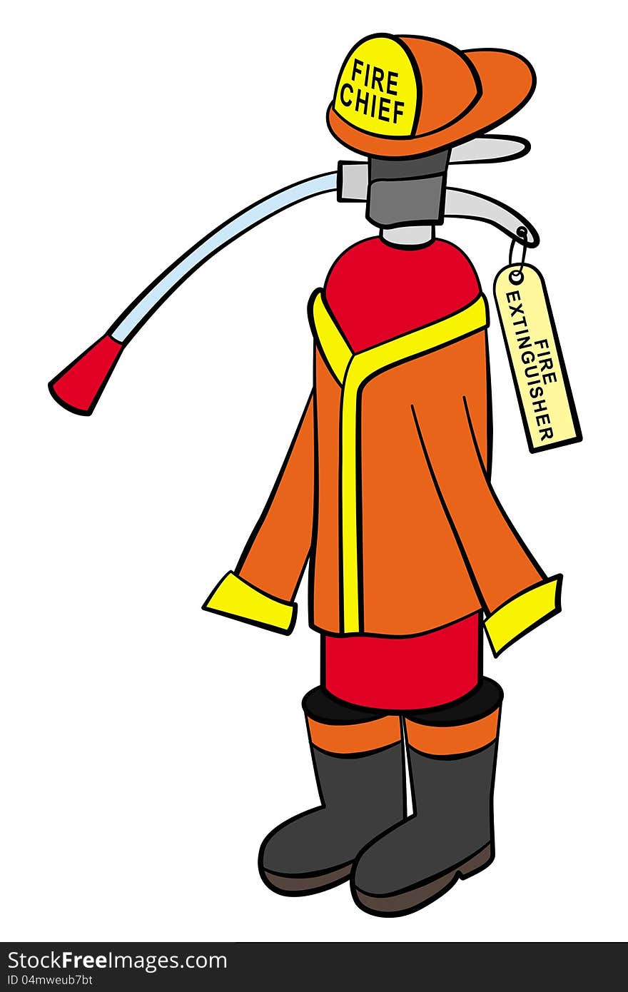 A fire extinguisher on a fireman's boots and having a fireman's coat and hat. A fire extinguisher on a fireman's boots and having a fireman's coat and hat