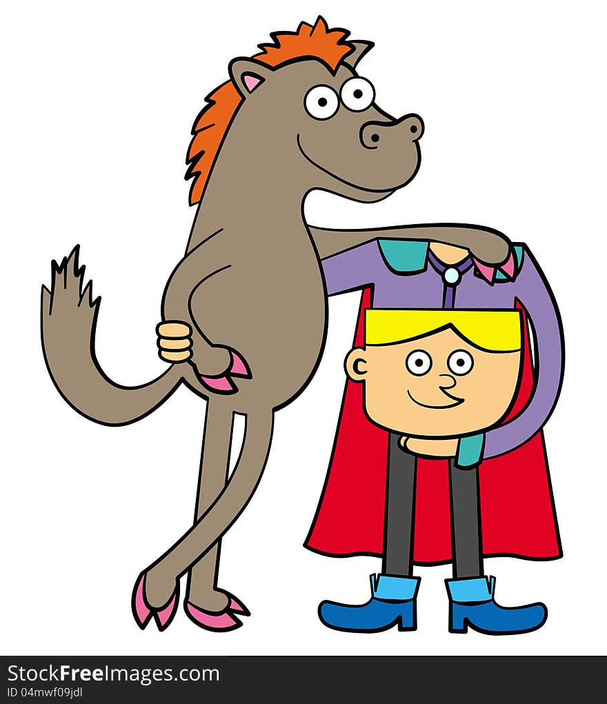 A humorous illustration of a headless man with a cape and his horse friend. A humorous illustration of a headless man with a cape and his horse friend