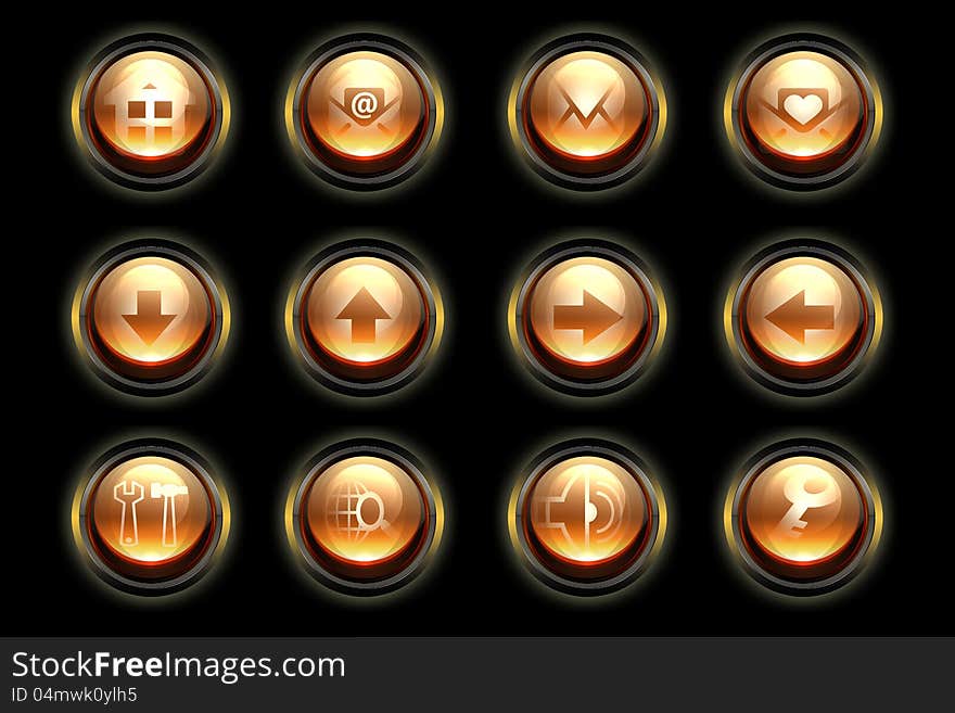 Glowing orange buttons set on black background.