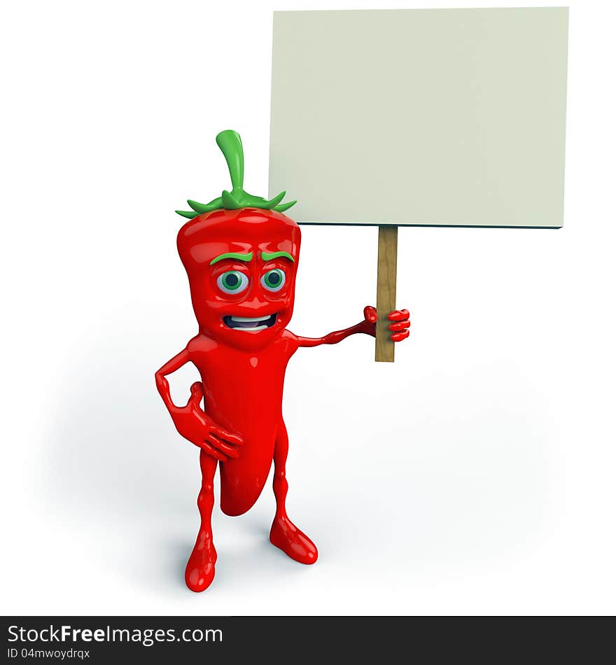 3d rendering of a red, cartoon chili pepper holding a blank sign. 3d rendering of a red, cartoon chili pepper holding a blank sign