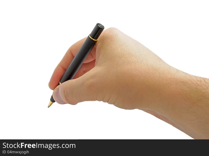 Man's hand with a pen isolated on white background. Man's hand with a pen isolated on white background