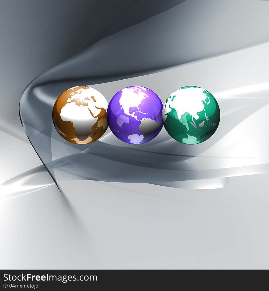 Three Earth globes in different colors showing Africa, Europe, the Americas and Asia, on silky abstract background. Three Earth globes in different colors showing Africa, Europe, the Americas and Asia, on silky abstract background