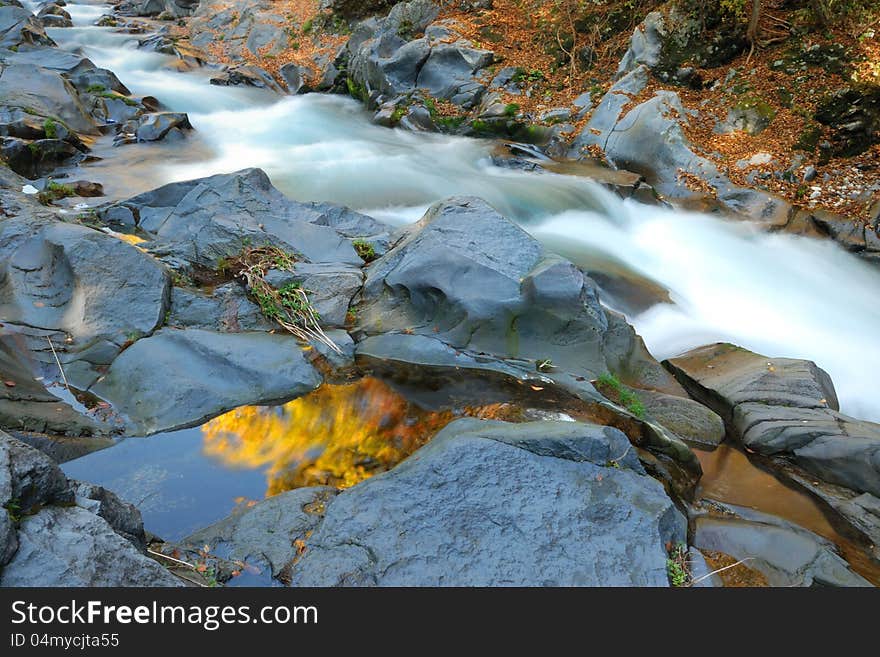 Mountain river among autumnal forest. Mountain river among autumnal forest