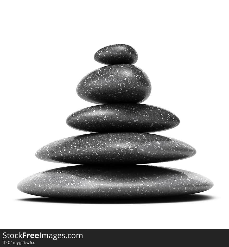 Stones pyramid with five black pebbles over white background. Stones pyramid with five black pebbles over white background