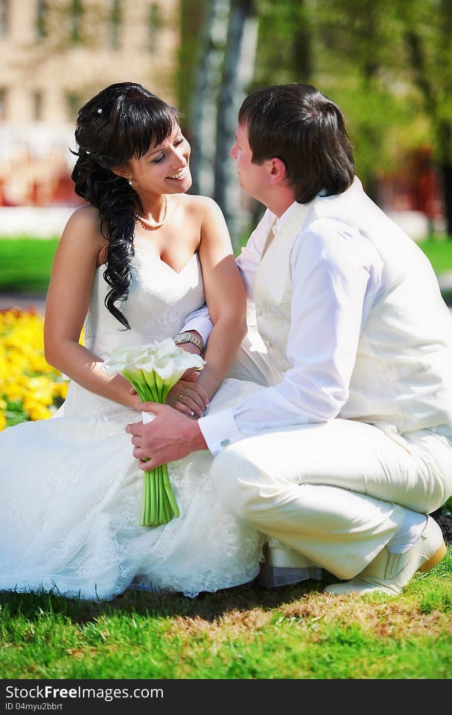 Happy Groom And Happy Bride In Park