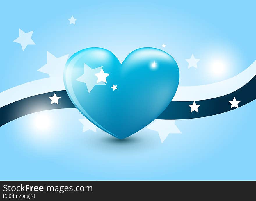 Heart illustration on a blue background with stars and ribbons near it