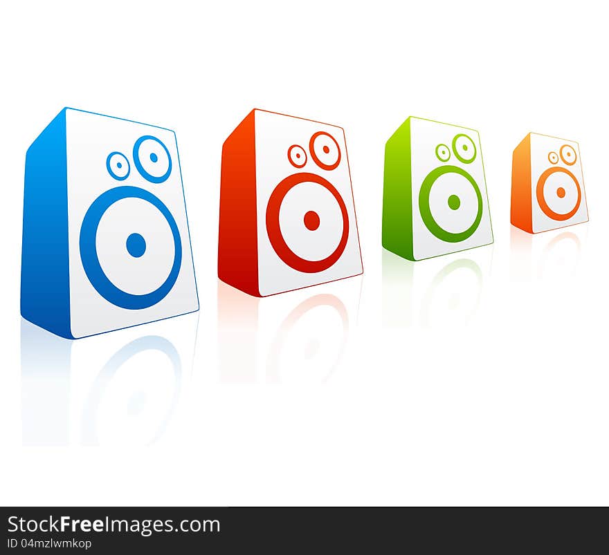 Collection of red, green, blue and orange loud speakers. Collection of red, green, blue and orange loud speakers