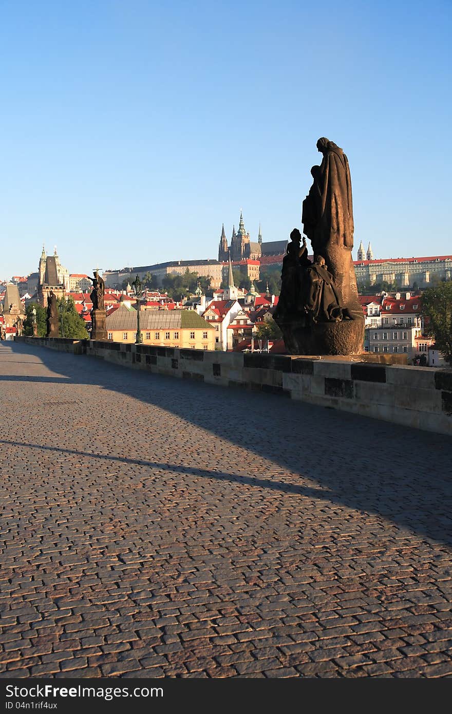 View of St. Vitus Cathedral from Charles Bridge at dawn, Prague,Czech Republic