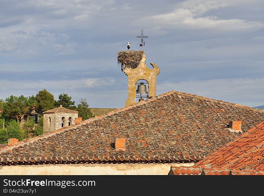 Stork nest on a bell tower. Sepulveda, Spain