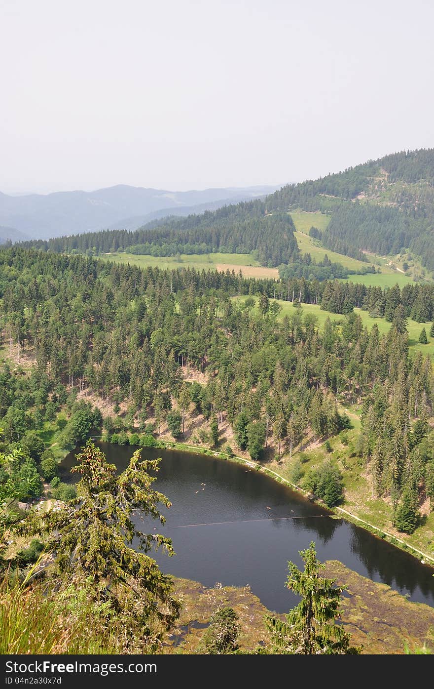 View from above on the Nonnenmattweiher in the Black Forest