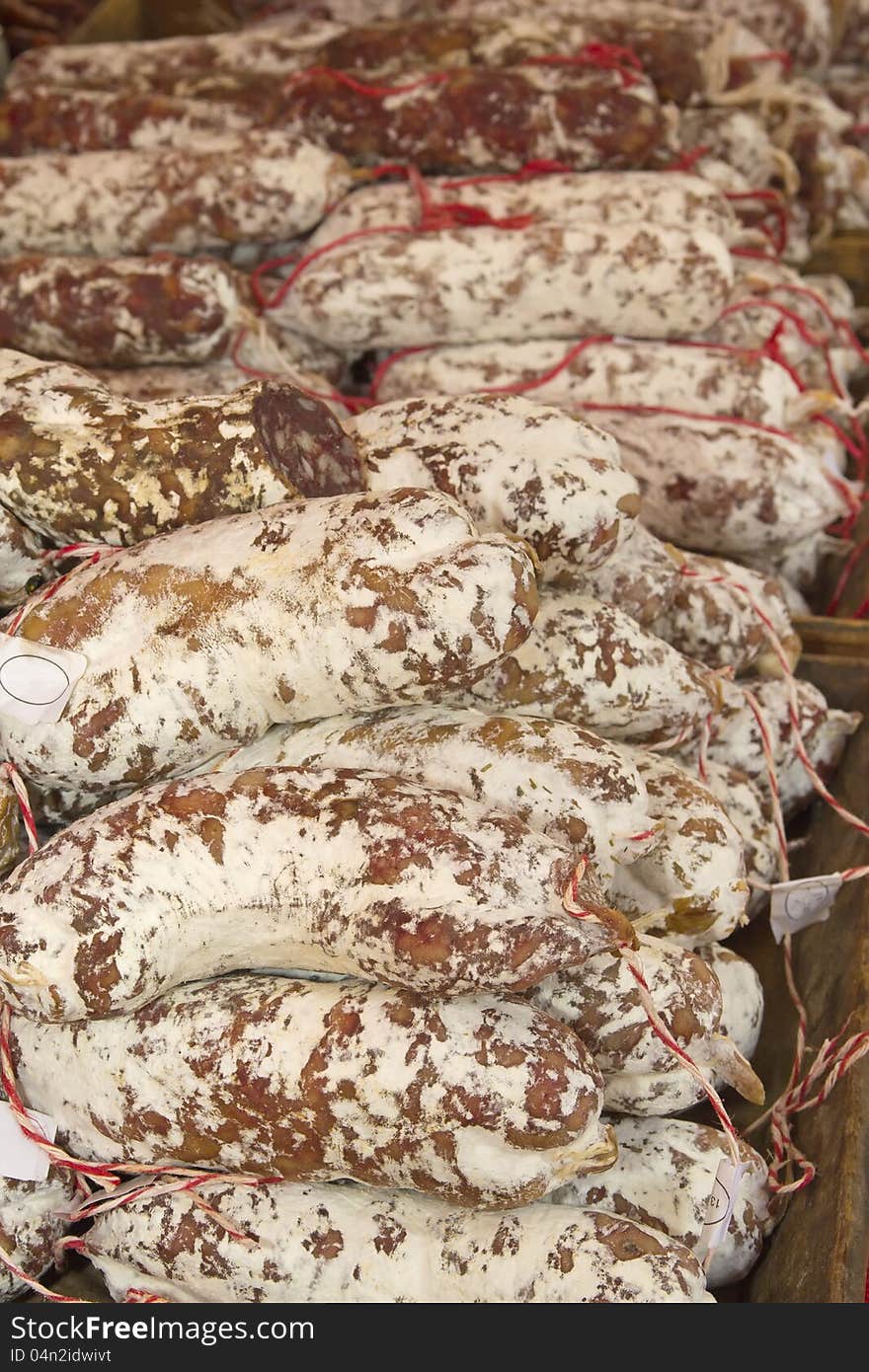 Sausages ready for sale on the market.