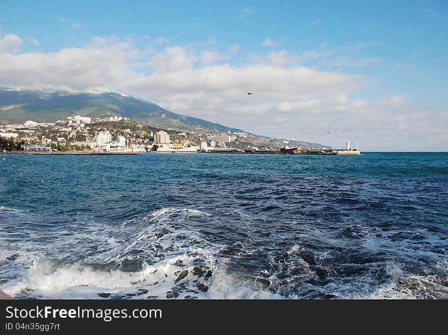 Sunny day ashore the Black sea Crimea coast of the sea