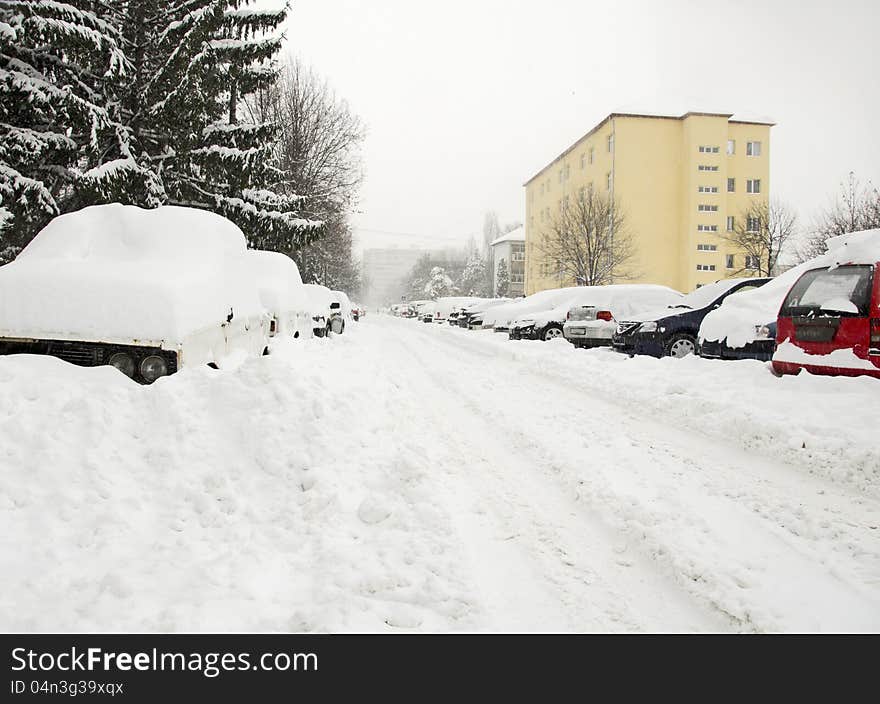 A hard winter with a lot of snow and temperature below zero