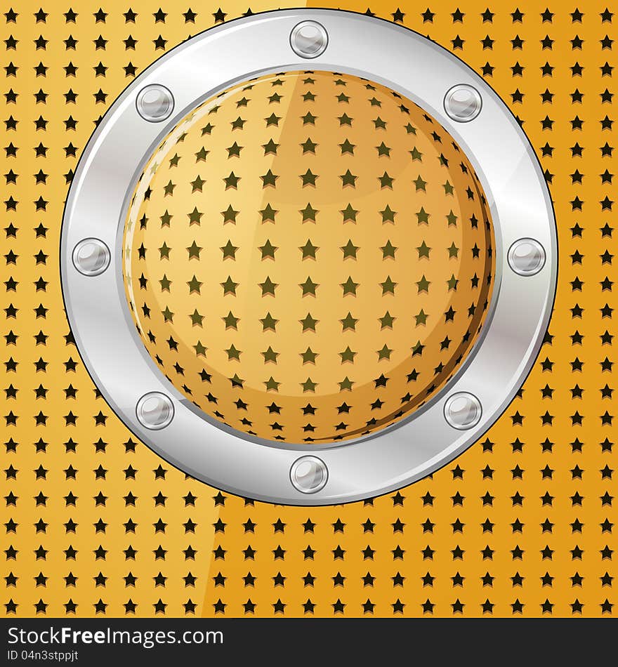 Gold ball or button on perforated surface with metal frame. Gold ball or button on perforated surface with metal frame