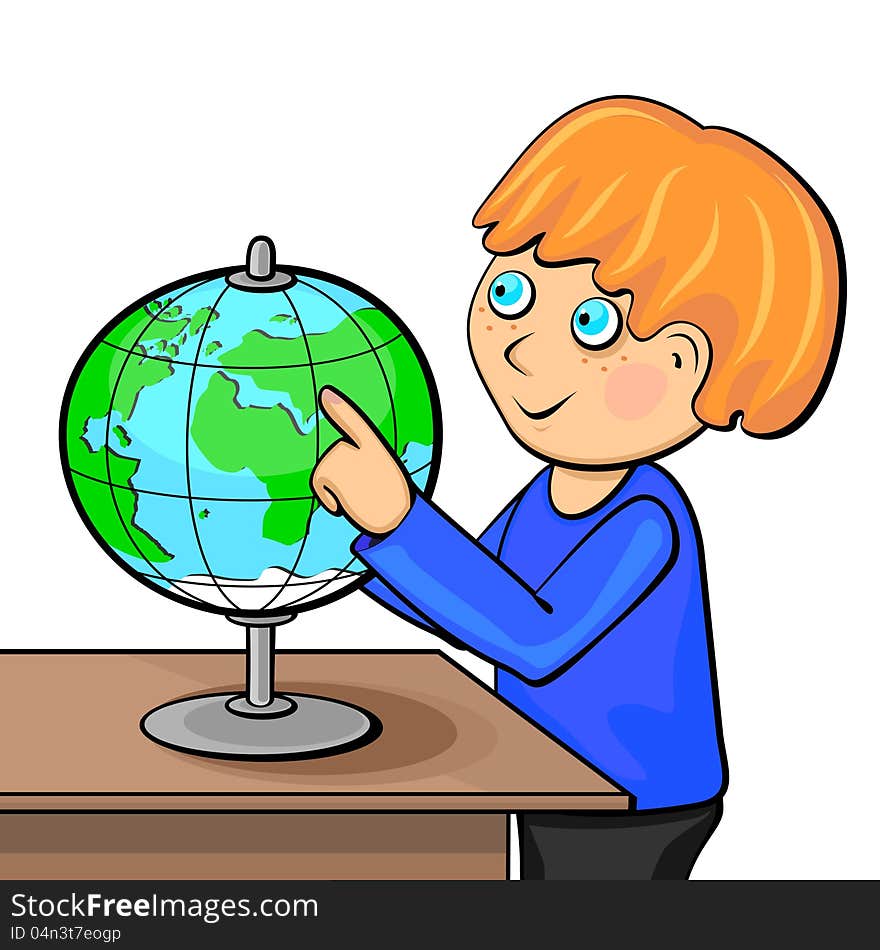 Little ginger boy touching globe with finger. Little ginger boy touching globe with finger