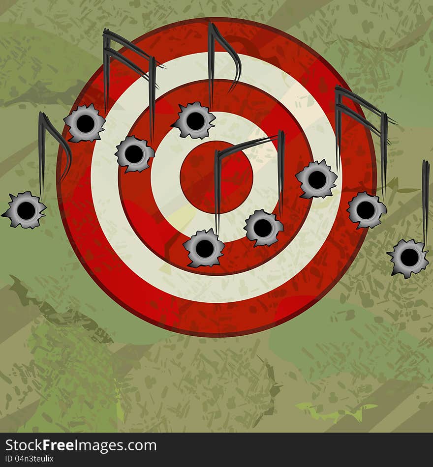 Red target with bullet holes as musical notes. Red target with bullet holes as musical notes
