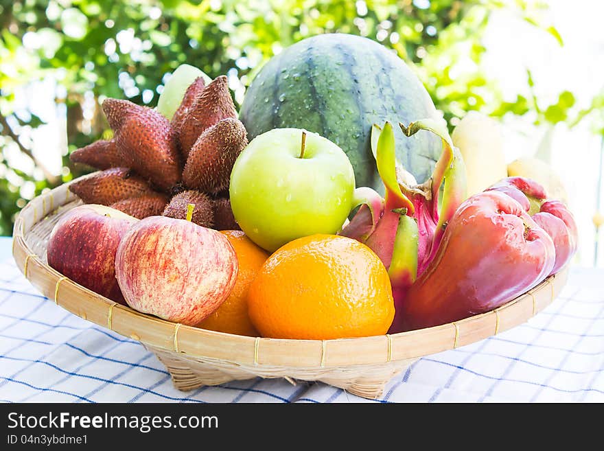 Basket Of Thai Tropical Mix Fruits. Basket Of Thai Tropical Mix Fruits