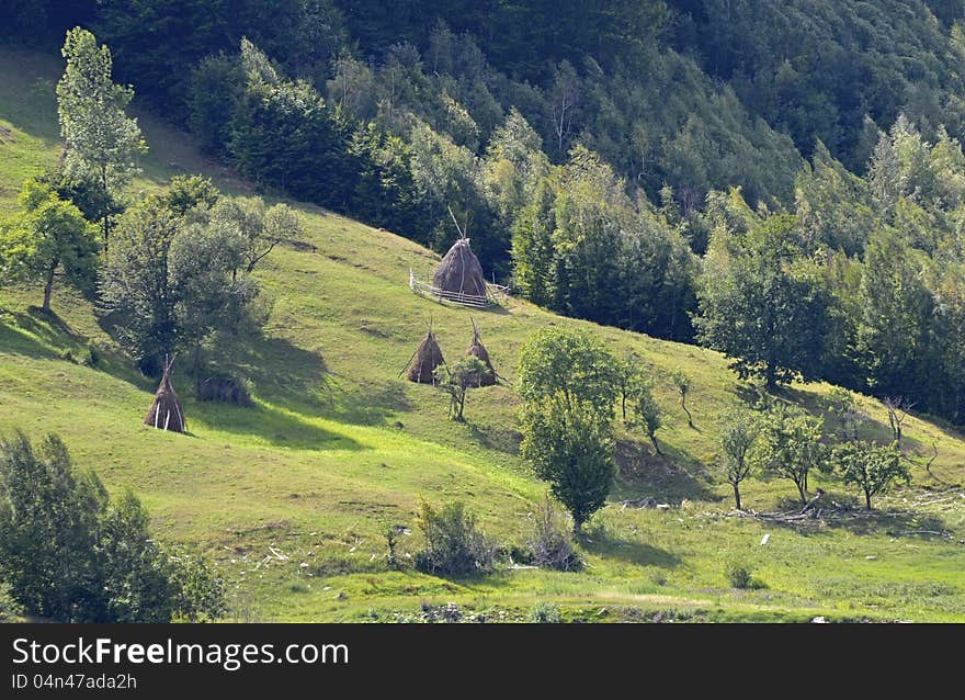 Haycock on green hill near Siriu lake and forest rural agriculture. Siriu valley and lake is a touristic attraction in middle Romania, Carpathian mountains. Haycock on green hill near Siriu lake and forest rural agriculture. Siriu valley and lake is a touristic attraction in middle Romania, Carpathian mountains.