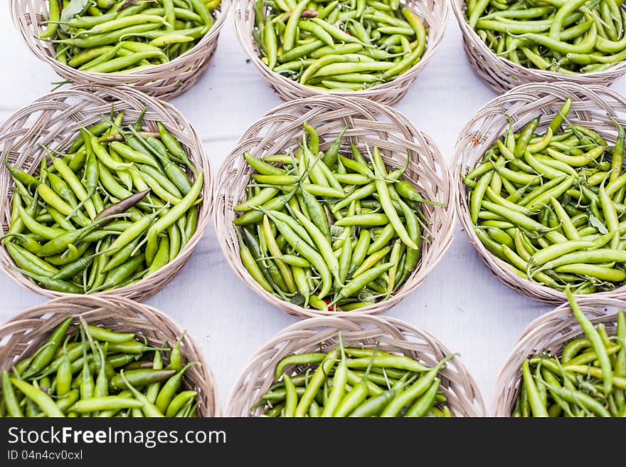 Fresh, green hot peppers organized into baskets. Fresh, green hot peppers organized into baskets.