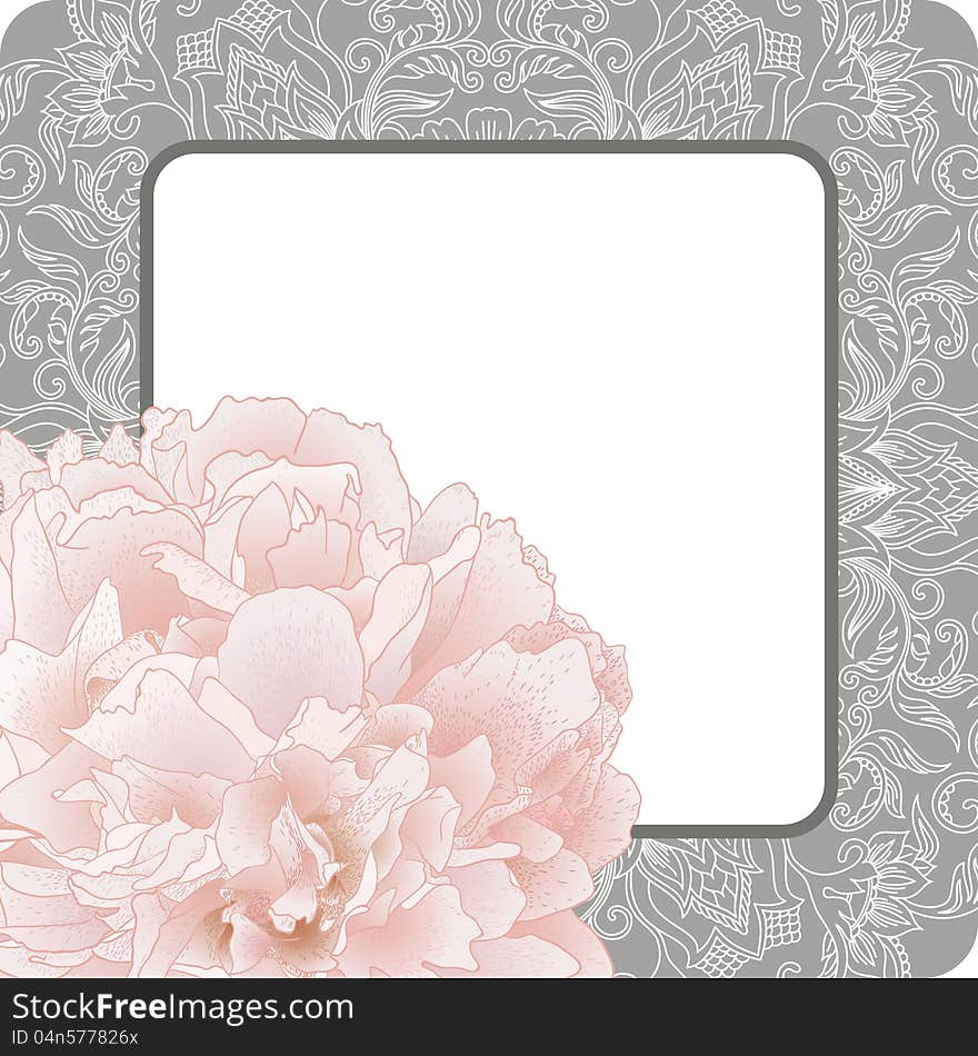 Vector illustration greeting card with pattern and peony. Vector illustration greeting card with pattern and peony.