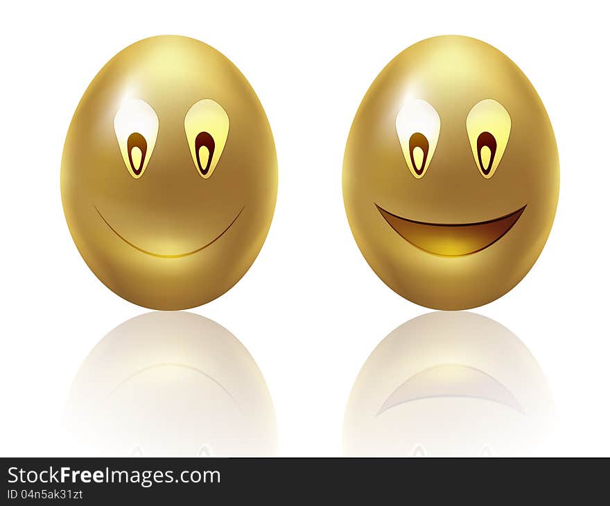 Illustration of two happy golden eggs on white background.