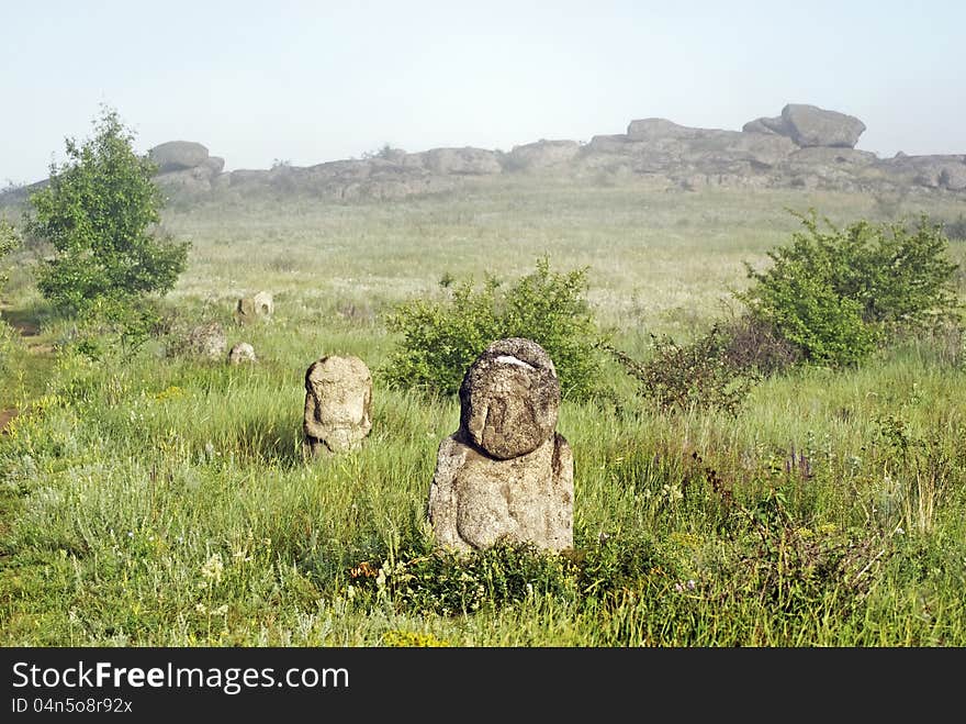 Stone idol in the steppe. National Park Stone Tombs . Donetsk. Ukraine