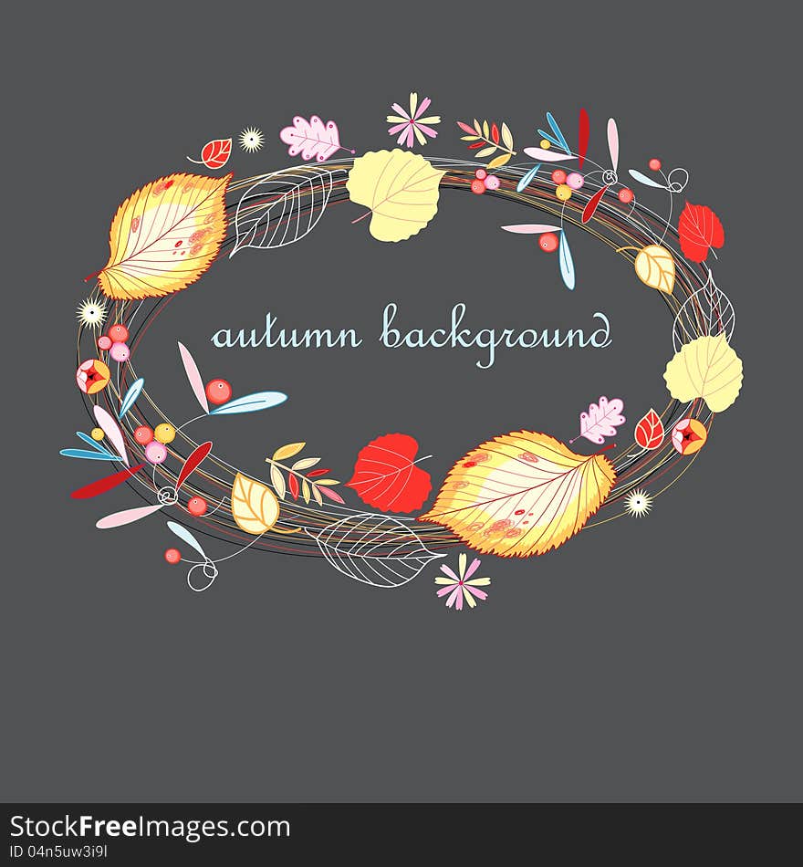 A bright background with autumn leaves and berries in the dark. A bright background with autumn leaves and berries in the dark