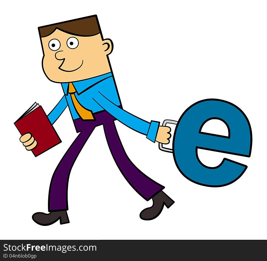 A cartoon business man carrying a bag shaped like a letter e. A cartoon business man carrying a bag shaped like a letter e