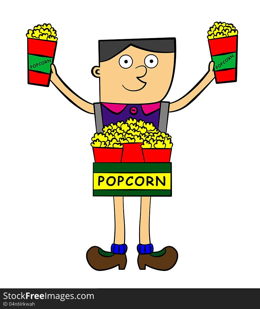 Illustration of a cute cartoon vendor selling popcorn. Illustration of a cute cartoon vendor selling popcorn