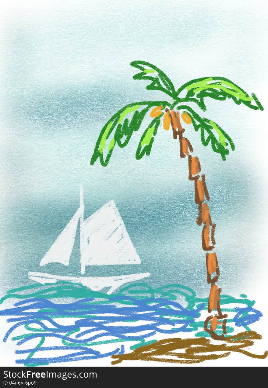 Image of a sailboat at sea and palm trees on the beach. Image of a sailboat at sea and palm trees on the beach.