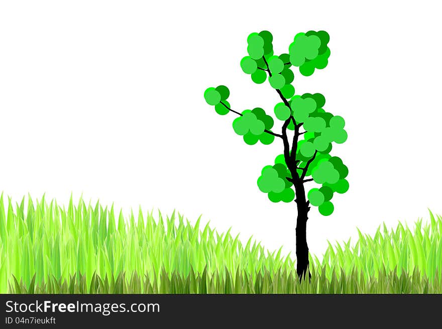 The tree  and  green grasses on white background