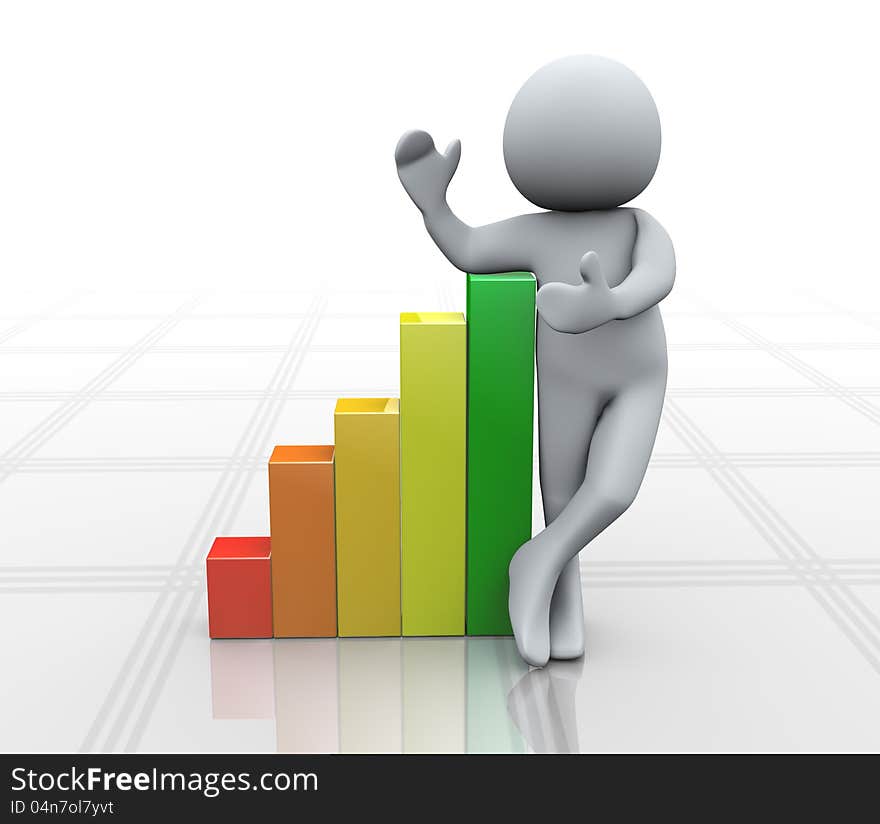 3d Illustration of man standing with growing progress bars. 3d rendering of human character. 3d Illustration of man standing with growing progress bars. 3d rendering of human character.