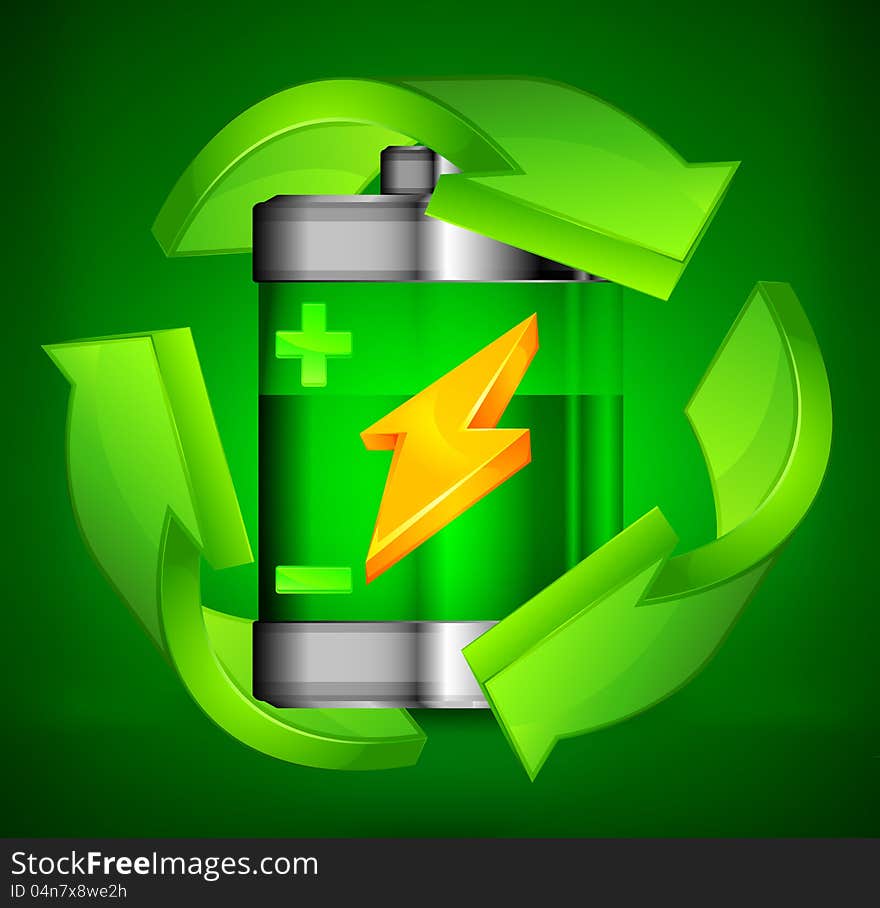 Energy battery with circle arrow on green, recycling concept, vector illustration. Energy battery with circle arrow on green, recycling concept, vector illustration