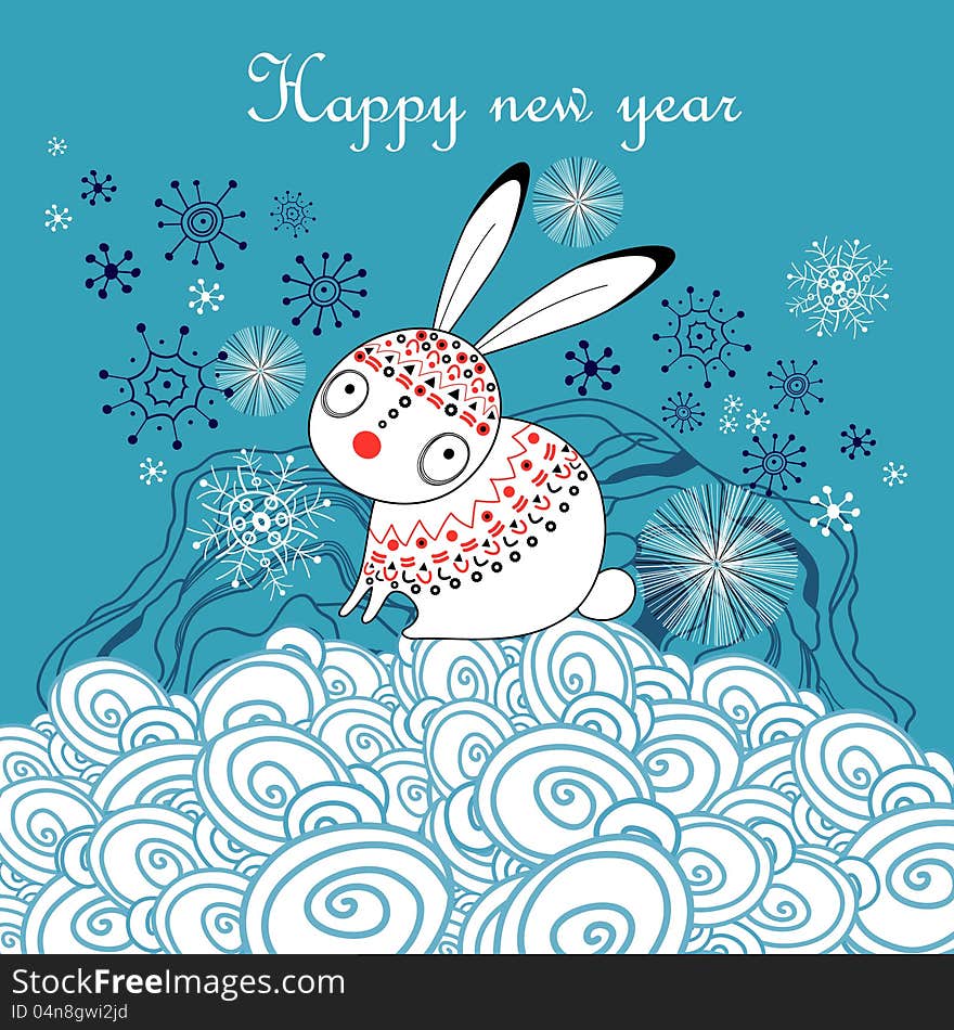 Graphical greeting new year card with a hare on a blue background. Graphical greeting new year card with a hare on a blue background