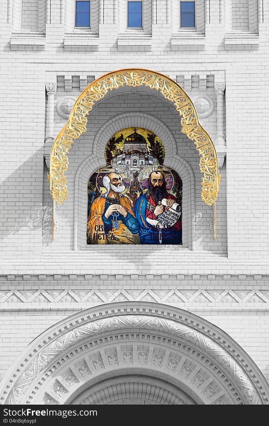 Russia, the city of Kronstadt. Fragment of the wall of the naval Cathedral with a mosaic image of the Holy Apostles Peter and Paul. Russia, the city of Kronstadt. Fragment of the wall of the naval Cathedral with a mosaic image of the Holy Apostles Peter and Paul