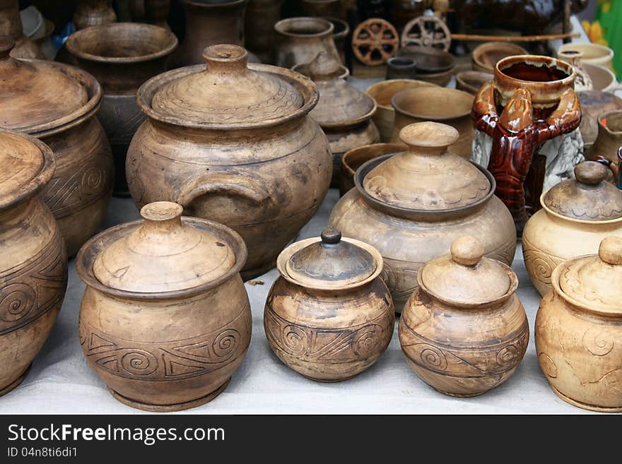 Earthenware in the market closeup