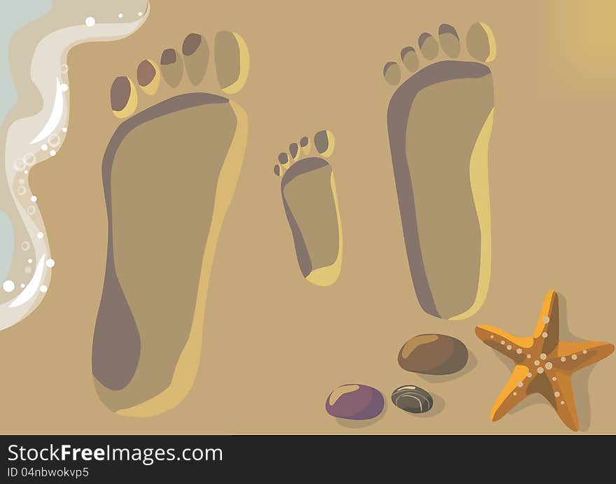 Illustration of footprints in the sand- parents and the child.Contains transparent object. EPS 10. Illustration of footprints in the sand- parents and the child.Contains transparent object. EPS 10.