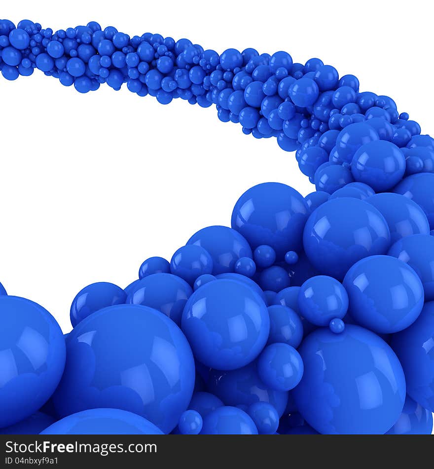 Flow of many blue spheres on the white background