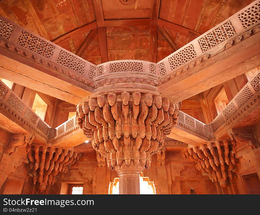 The central pillar of Diwan-i-khas in the Fatehpur Sikri, Agra district, India