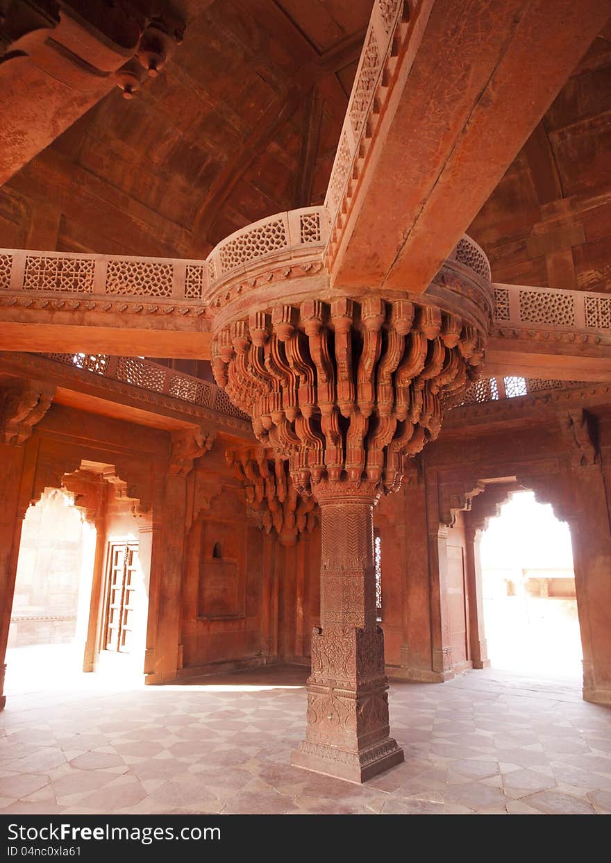 The central pillar of Diwan-i-khas in the Fatehpur Sikri, Agra district, India