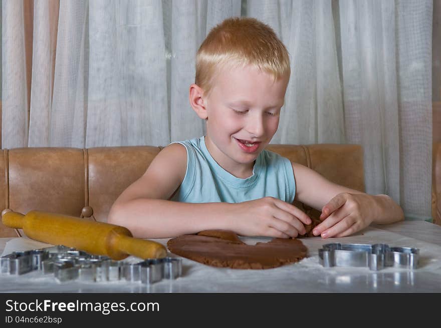 Young boy baking gingerbread cookies. Young boy baking gingerbread cookies