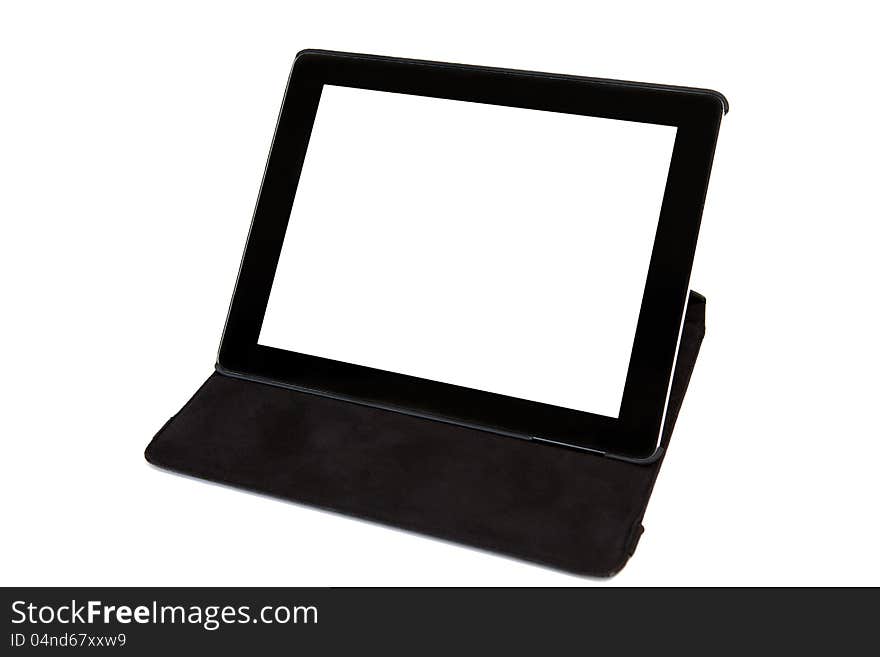 Tablet with isolated screen in black carrying case. Tablet with isolated screen in black carrying case