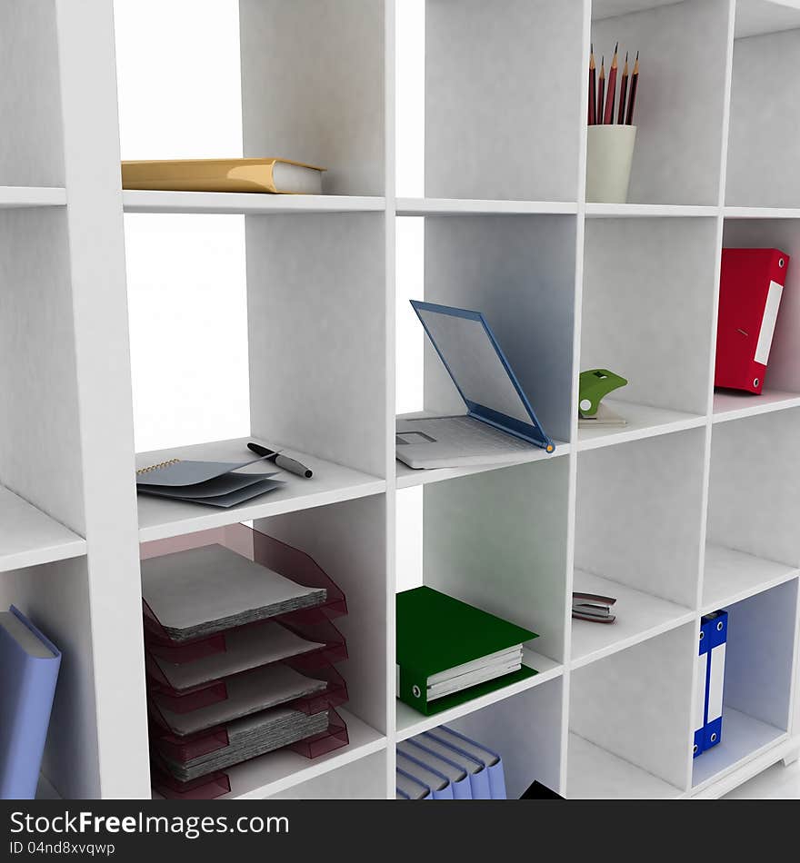 3d book shelf with instruments for office. 3d book shelf with instruments for office