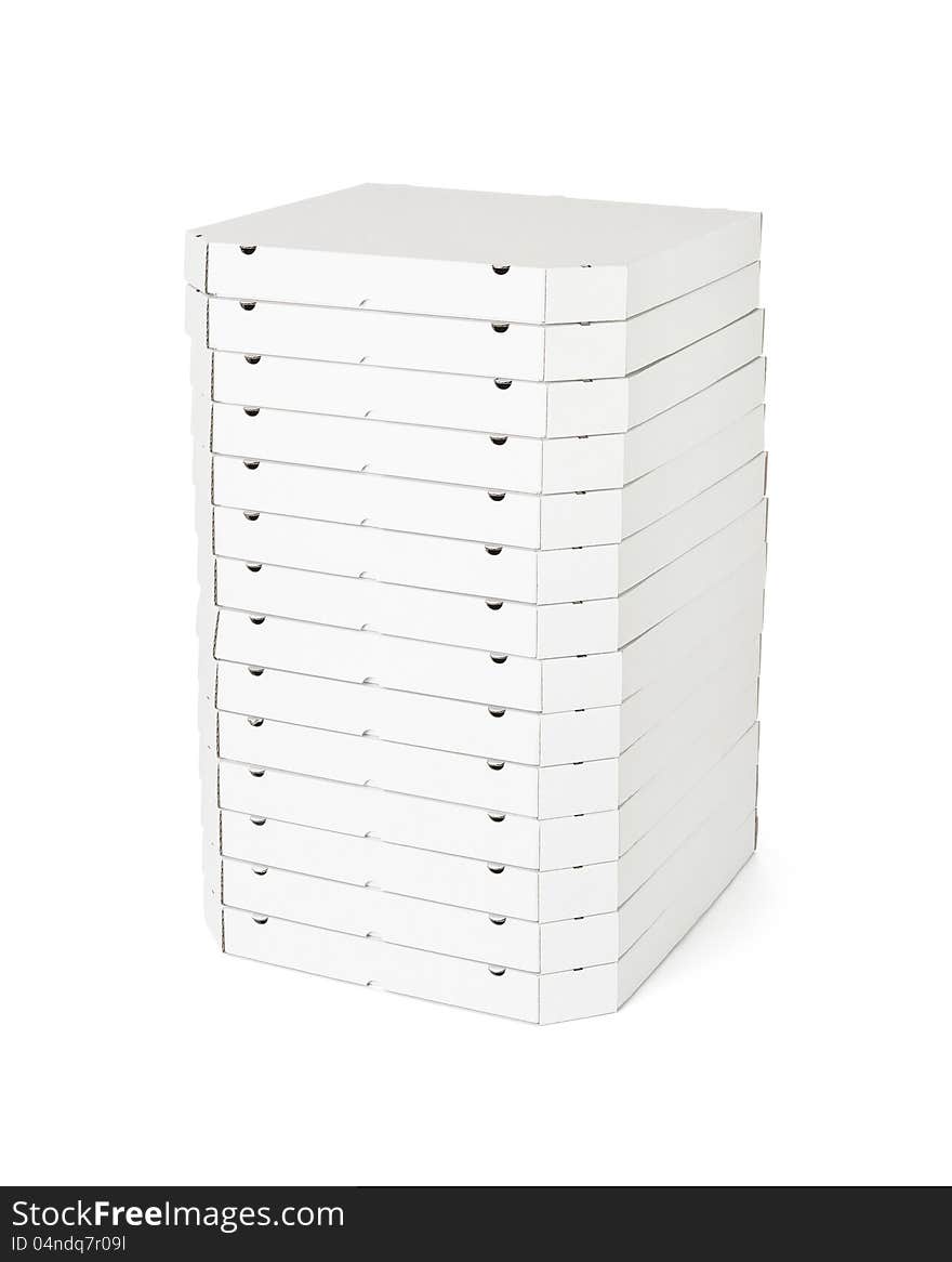 Many pizza boxes on white background. Many pizza boxes on white background