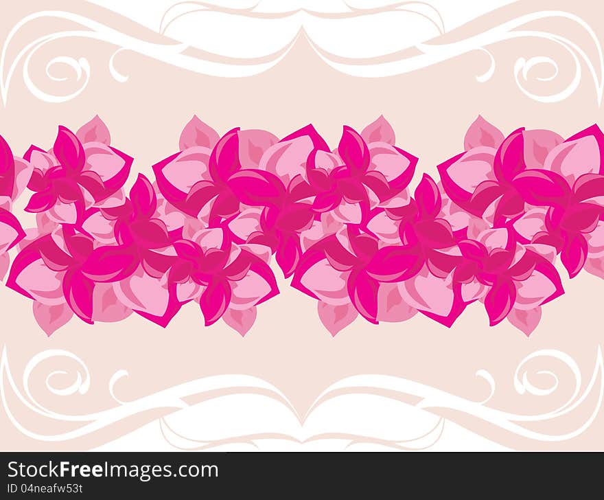 Ornamental border with blooming pink flowers. Illustration