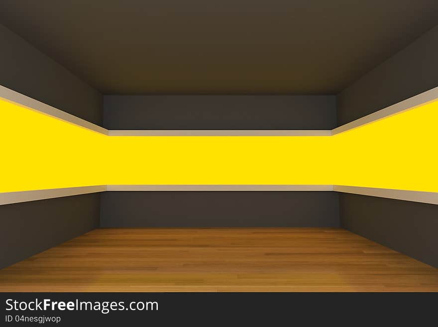 Empty room with yellow light shelves