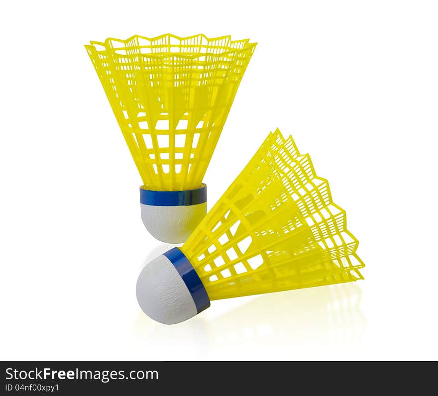 Yellow shuttlecock badminton Sporting goods ball isolated on white background. Yellow shuttlecock badminton Sporting goods ball isolated on white background