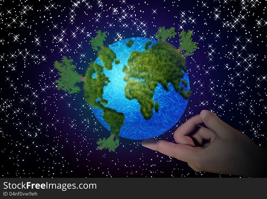 Abstract illustration of a small planet on finger background. Abstract illustration of a small planet on finger background